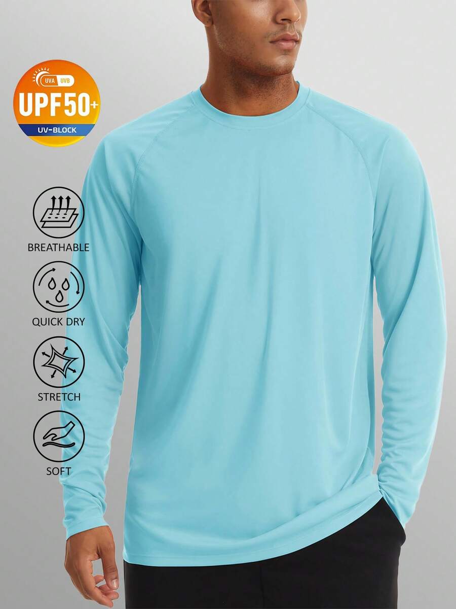 KEFITEVD Men's UPF 50+ UV Protection Long Sleeve T-Shirt Sun Block Casual Fishing Shirts Hiking Running Workout Rash Guard - Light Lake Blue - View 1