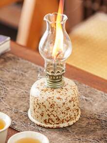 1个陶瓷窑烧釉面油灯，带手柄和灯罩，可调节灯芯，适用于露营、室内照明，可用作陶瓷油灯烛台、煤油灯或防风灯，带火焰控制旋钮 - 1PC - 查看 2