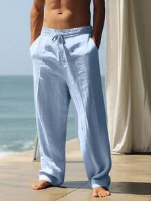 Lightweight And Breathable Men's Trousers In A Solid Color, With Pockets, Offering A Relaxed Fit For Comfortable Wear At The Beach During The Spring And Summer Seasons. - Baby Blue - View 1