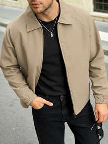 男士休闲纯色教练夹克，简约百搭时尚翻领男士秋季外套 - 駝色 - 查看 3