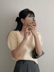 女士纯色方领修身休闲针织上衣（夏季款） - 杏色 - 查看 1