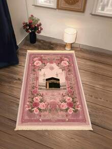 1pc Elegant Floral Prayer Mat - Soft Flannel, Machine Washable, Rectangular Comfort Mat With Golden-Lit Mosque Design For Indoor - Multicolor - View 6