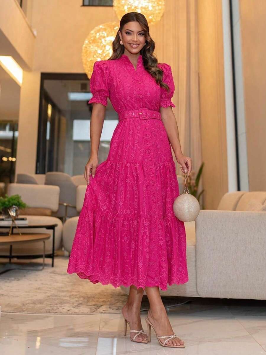 Fabiana Women's Elegant Maxi Midi Dress In Cotton With Elasticated Back And Functional Buttons - Màu Hồng Tươi - Xem 1