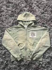 Unisex Streetwear Style Patchwork Hoodie, Letter Pattern Zip-Up Hoodie, Y2K - Green - View 2