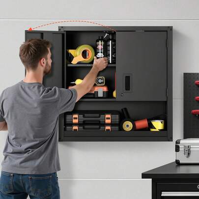 Armario de Pared para Taller, 762 x 305 x 762 mm, Armario de Herramientas de Metal para Colgar con Puerta con Cerradura, Capacidad de 163,3 kg, para Garaje, Sótano, Cocina y Almacén, Negro