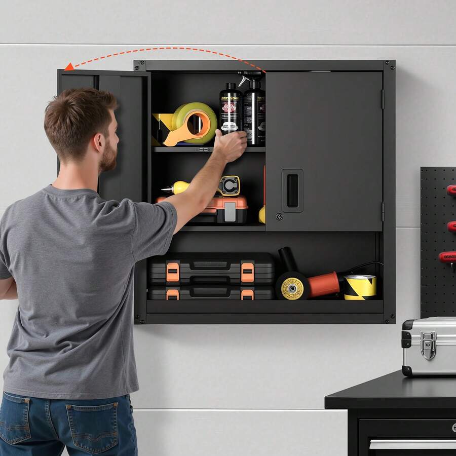 Armario de Pared para Taller, 762 x 305 x 762 mm, Armario de Herramientas de Metal para Colgar con Puerta con Cerradura, Capacidad de 163,3 kg, para Garaje, Sótano, Cocina y Almacén, Negro - 762 x 305 x 762 mm - Ver 1