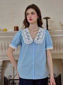 Simple Retro Women's Spring - Summer Fresh Doll - Collar Embroidered Lace Woven Shirt - Blue - View 6