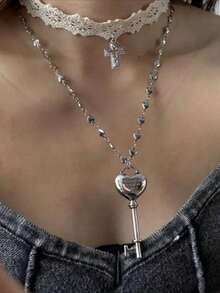 2件套 Y2K 白色蕾丝交叉带钥匙项链，女士甜美酷炫爱心双层项链，时尚派对饰品礼物 - 項鍊 - 查看 3
