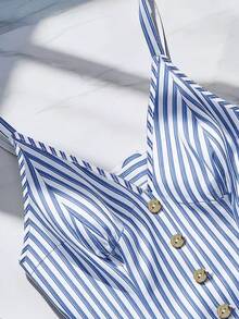 女士休闲简约甜美百搭，适合办公室、度假和海滩穿着，年轻时尚无肩带无袖可调节肩带，纽扣和侧拉链蓝白条纹修身短款上衣，春夏款。 - 藍白色 - 查看 3