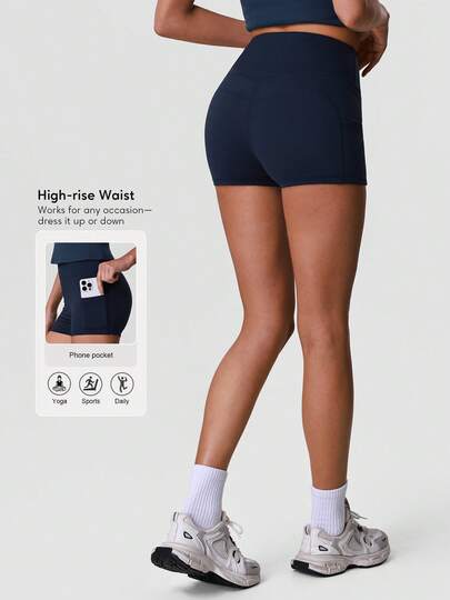 Sodalemon Women's Solid Color Elastic Casual Outdoor Yoga Sports Shorts With Side Pockets, Butt Lifting