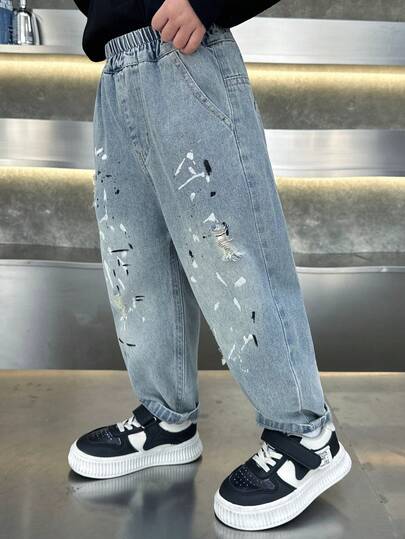 男童宽松涂鸦印花牛仔裤，适合休闲、上学、户外活动穿着，春季款