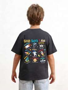 Young Boy Casual Graphic Print Crew Neck Short Sleeve T-Shirt, Summer Top - Dark Grey - View 2