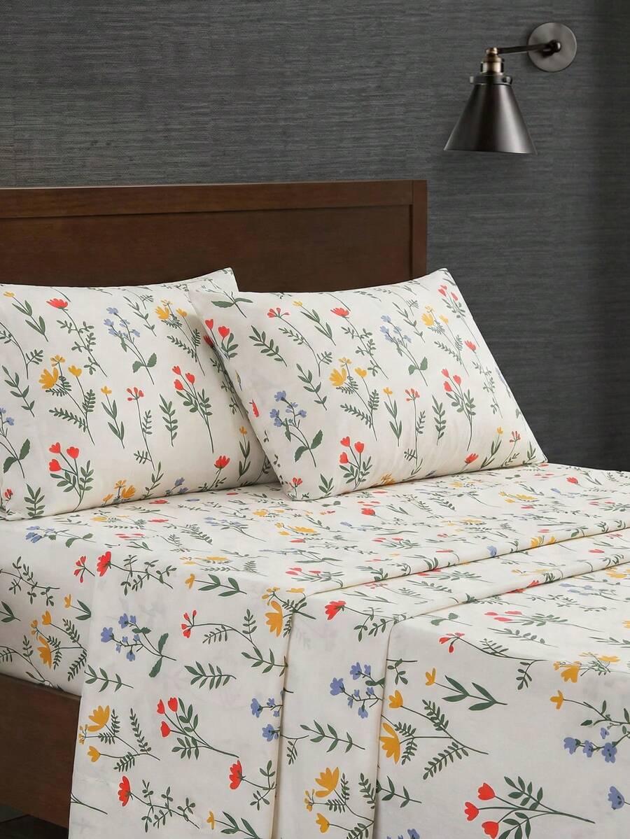 四件套花卉印花床上用品（1 个床笠 + 1 个床单 + 2 个枕套，不含枕芯），复古风格床上用品，柔软涤纶面料，适合各种床型，乡村风格装饰 - 彩色 - 查看 1