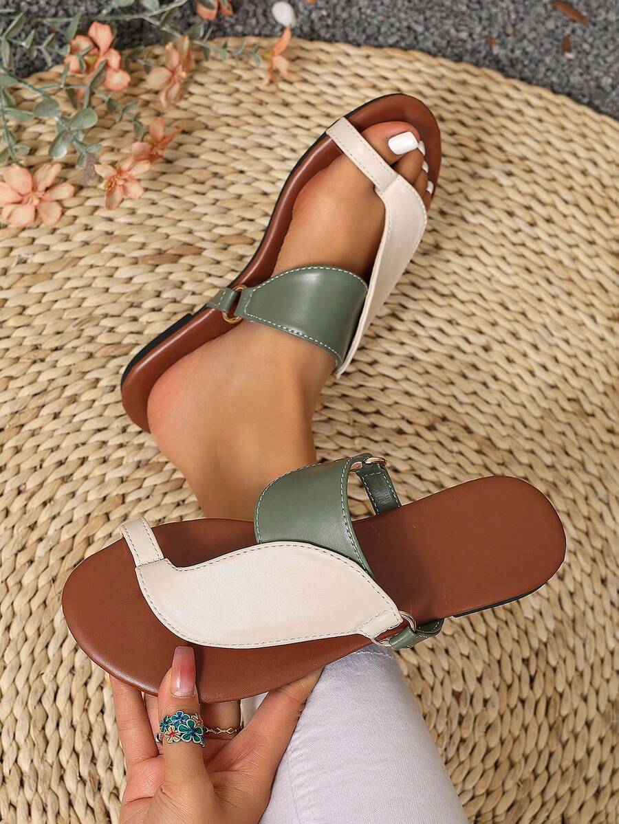 女士平底凉鞋，趾环设计套脚凉鞋，露趾夏季休闲鞋 - 彩色 - 查看 1