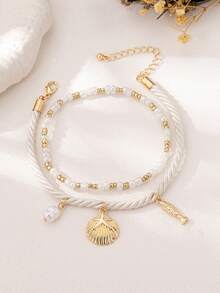 2pcs/Set Vacation Style Starfish, Shell, Fish Pendant Beaded Anklets, White & Gold Pearl Decor Elastic Rope & Linen Cord Double Layer Detachable Anklets, Suitable For Daily, Party, Music Festival, Beach, Bikini, Elegant & Refined For Women - Shell - View 2