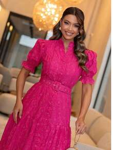 Fabiana Women's Elegant Maxi Midi Dress In Cotton With Elasticated Back And Functional Buttons - Màu Hồng Tươi - Xem 2