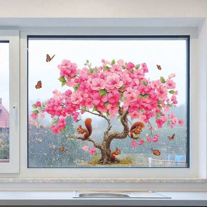 2 Adesivi piatti primaverili a forma di albero rosa per finestre, con farfalle colorate e disegno a scoiattolo - Decalcomanie realistiche della natura, facili da applicare e rimovibili in plastica per decorare porte, finestre e pareti - Abbellimento per casa e vetrine