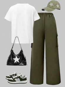 Tween Girl Numeric Print Round Neck Short Sleeve T-Shirt And Cargo Pants Casual Outfit - Army Green - View 2