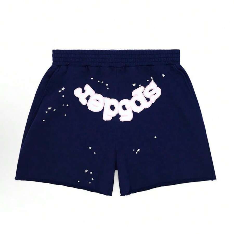 Sp5der Waist Elastic Casual Workout Athletic Gym Summer Y2k Shorts - Navy Blue - View 1