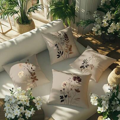 4 件套现代植物抱枕套 - 方形植物靠垫装饰，适用于客厅和沙发，时尚家居装饰 - 拉链设计，可机洗，单面印花，无填充物，为生活增添色彩，多种尺寸可选