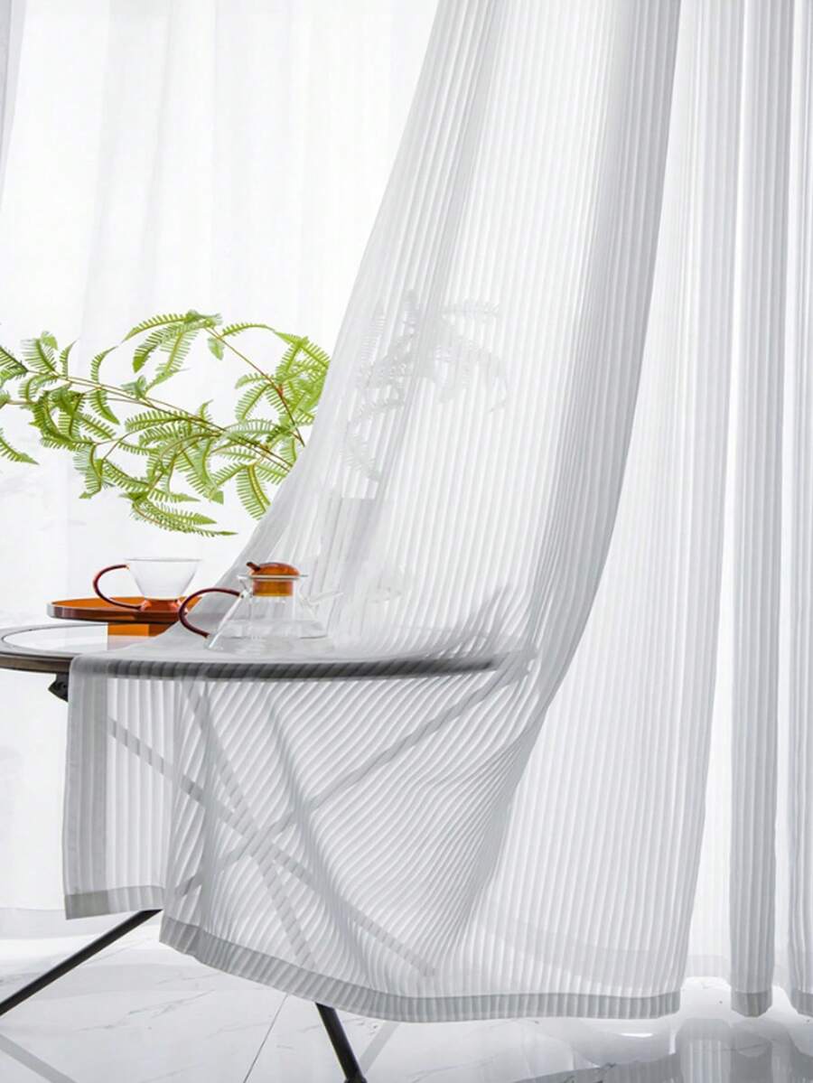 2/36片装法式条纹薄纱窗帘，半透明窗帘，适用于卧室、客厅、阳台 - 白色 - 查看 1