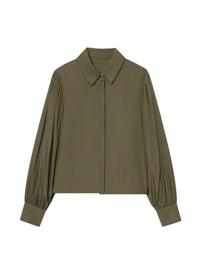 Blusa de satén con mangas de pétalo para mujer, camisa elegante de manga larga con cuello de primavera