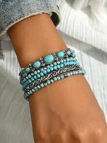 5pcs/Set Faux Turquoise Denim Style Elastic Jewelry Bracelet Set - Multicolor - View 4