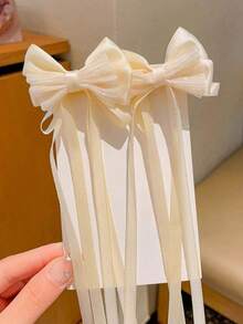 2pcs Girls Cute Bowknot Decor Long Tail Hair Clips, Suitable For Daily Use - Beige - View 4