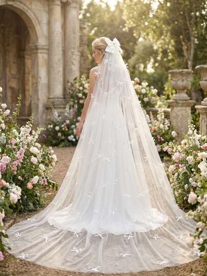 1pc Pearl Beaded Bow Bridal Veil, Cute & Elegant 3 Meters Long Train Veil, Suitable For Wedding Ceremony In Cathedral