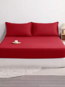 3pcs Solid Color Fitted Sheet Set  With 1pc Fitted Sheet+2pcs Pillow Case Without Filler, Modern Soft Bedding Set For Household Sheet Deep Pocket Up To 15 Inch - Red - View 1