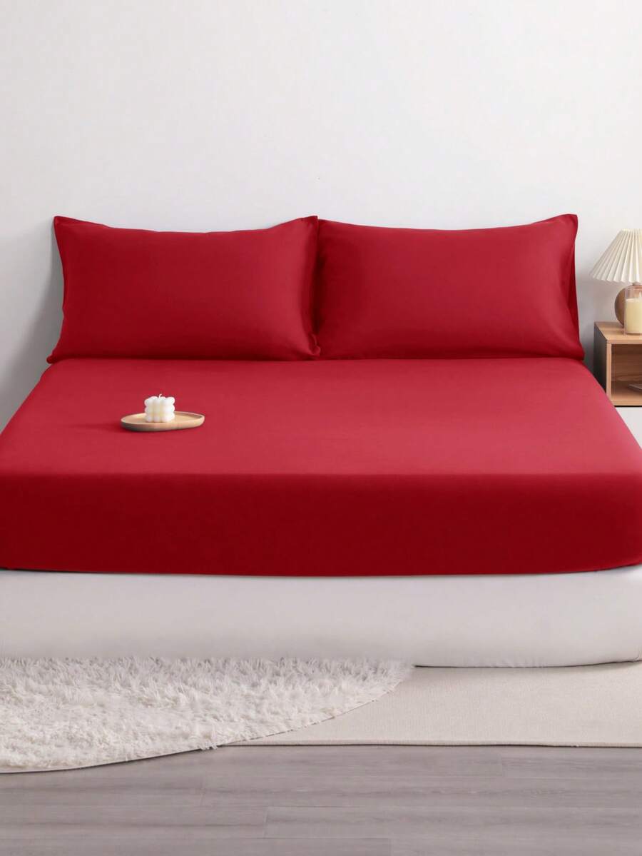 3pcs Solid Color Fitted Sheet Set With 1pc Fitted Sheet+2pcs Pillow Case Without Filler, Modern Soft Bedding Set For Household Sheet Deep Pocket Up To 15 Inch - Red - View 1