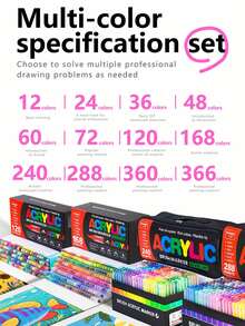 12-366色丙烯颜料马克笔，经典返校系列和广纳系列，流畅丙烯墨水，色彩丰富，可堆叠，覆盖力强，适用于画布、岩石画、木材、玻璃、陶瓷、织物、DIY工艺品、返校用品，配有便捷收纳盒 - 套裝 - 查看 5