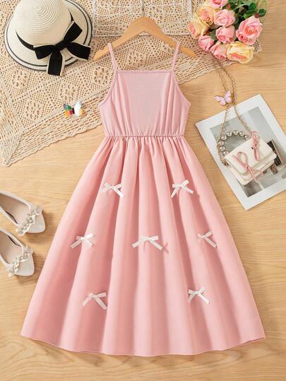 Girls' Casual Butterfly Print Decor Waist Fit Flared Hem Spaghetti Strap Knee-Length Dress, Suitable For Spring & Summer