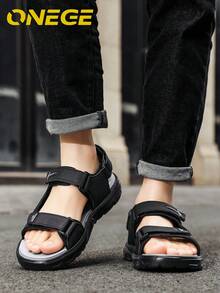 1 Pair Men's Summer Beach Sandals, New Sports Wear-Resistant Breathable Fashion Shoes, Minimalist Non-Slip Driving Casual Slippers - Black and Gray - View 9