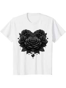 Cotton Short Sleeve T-Shirt's elegant Heart-Shaped Rose &amp; Diamond Print T-Shirt - Round Neck Casual, Machine Washable all-Season Comfort Fit, Ladies Print T Shirts - Bianco - Visualizzare 1