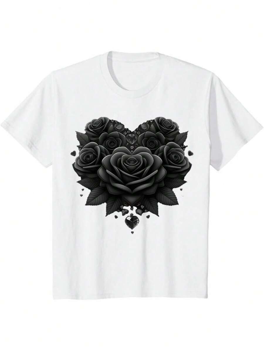 Cotton Short Sleeve T-Shirt's elegant Heart-Shaped Rose &amp; Diamond Print T-Shirt - Round Neck Casual, Machine Washable all-Season Comfort Fit, Ladies Print T Shirts - Bianco - Visualizzare 1