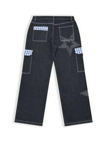 Men's Loose Star Embroidery Cargo Jeans, Streetwear Style Denim Pants - Black - View 6