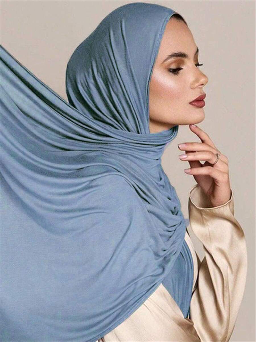 1件新款大号针织头巾披肩柔软休闲纯色女士围巾 - 中藍 - 查看 1