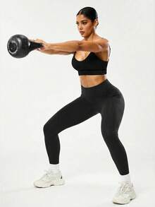 Nuevos pantalones deportivos de cintura alta y elasticidad alta para mujer talla grande, pantalones casuales diarios y para exteriores, de unicolor con bolsillos, adecuados para gimnasio, deportes, pilates - Negro - Ver 6