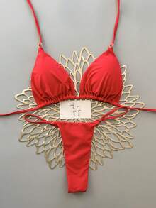 女士纯色时尚性感比基尼泳装套装，适合度假海滩夏季穿着。 - 紅色 - 查看 3