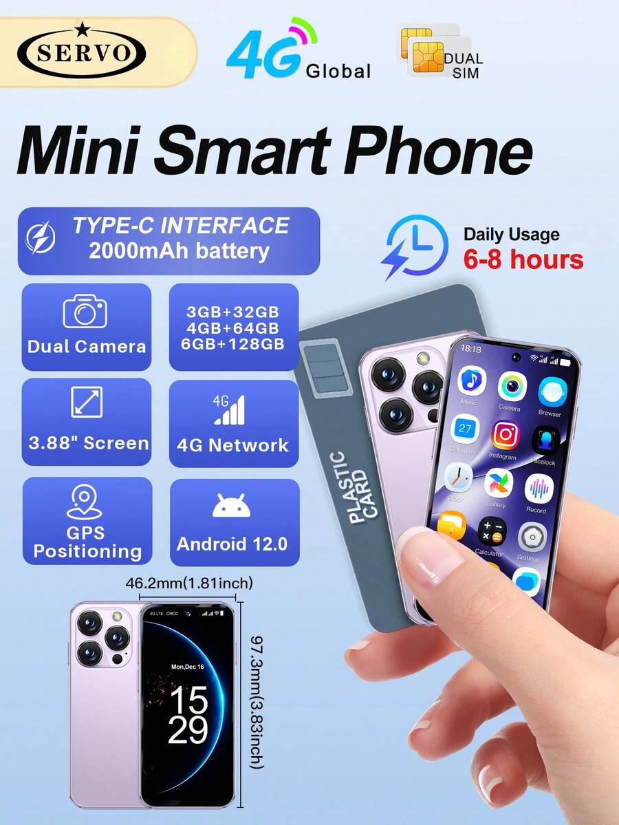 SERVO 19PRO 4G网络迷你智能手机，Android 12系统，3GB+32GB/4GB+64GB/6GB+128GB，GPS，OTG，3.88英寸显示屏，双卡双待智能手机