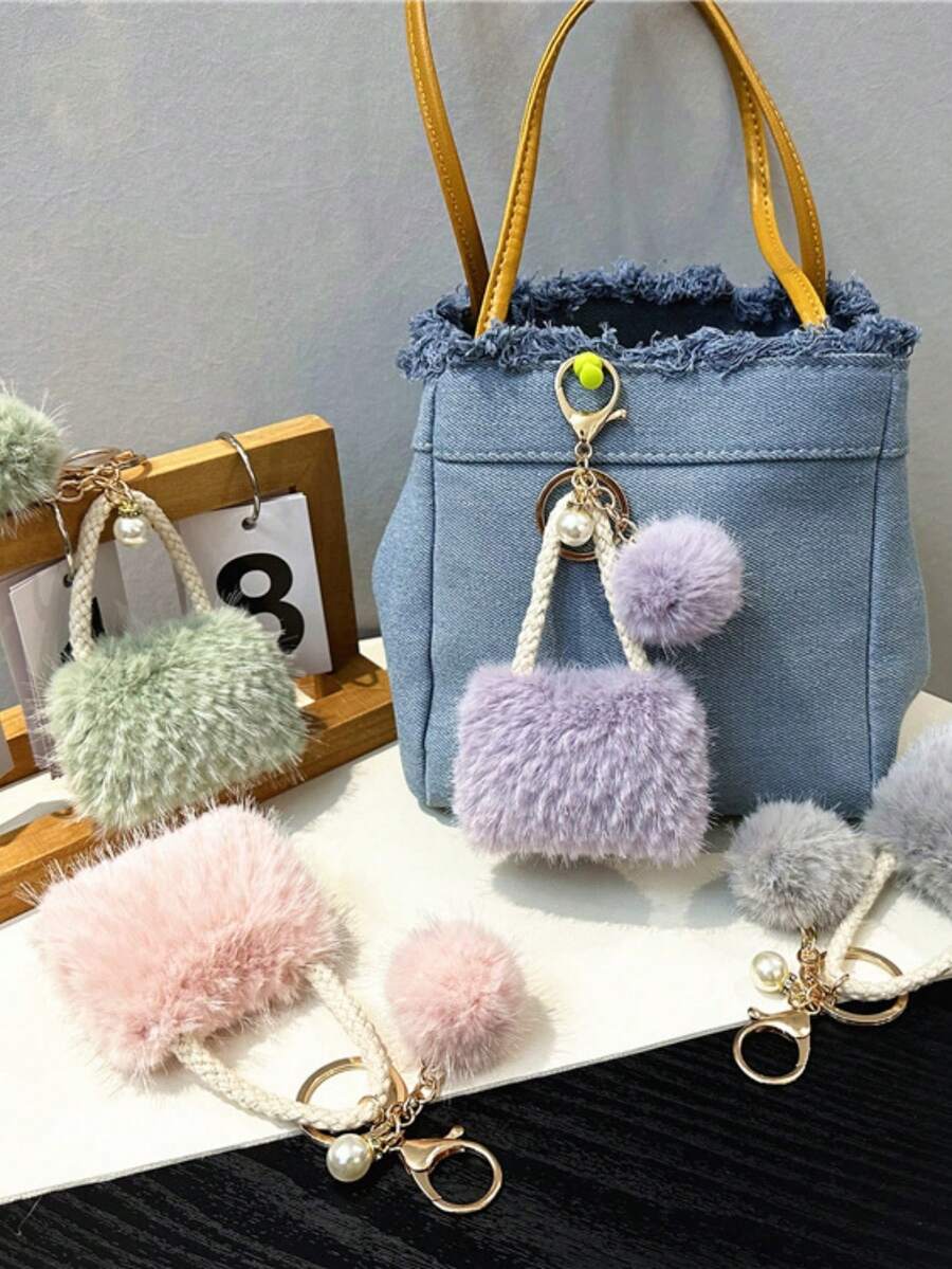 1 PC Mini Bag Shaped Bag Pendant Keychain Cute Plush Pearl Pendant Car Keychain Pendant Gift