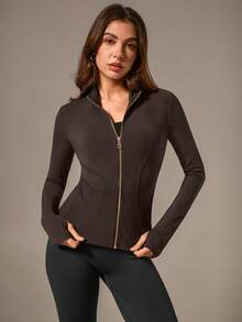 NcmRyu 1pc Women Metal Zipper Stand Collar Thumb Hole Long Sleeve Sports Jacket Spring - Coffee Brown - View 10