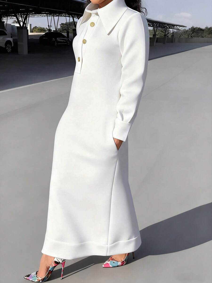 MOOD WOOD Women's Fall/Winter New Arrival Collared Loose-Fit Long-Sleeve Dress | Solid Color Half-Button Down Side-Slit Ankle-Length Maxi Dress | Commuter & Casual Flattering Silhouette - 白色 - 查看 1