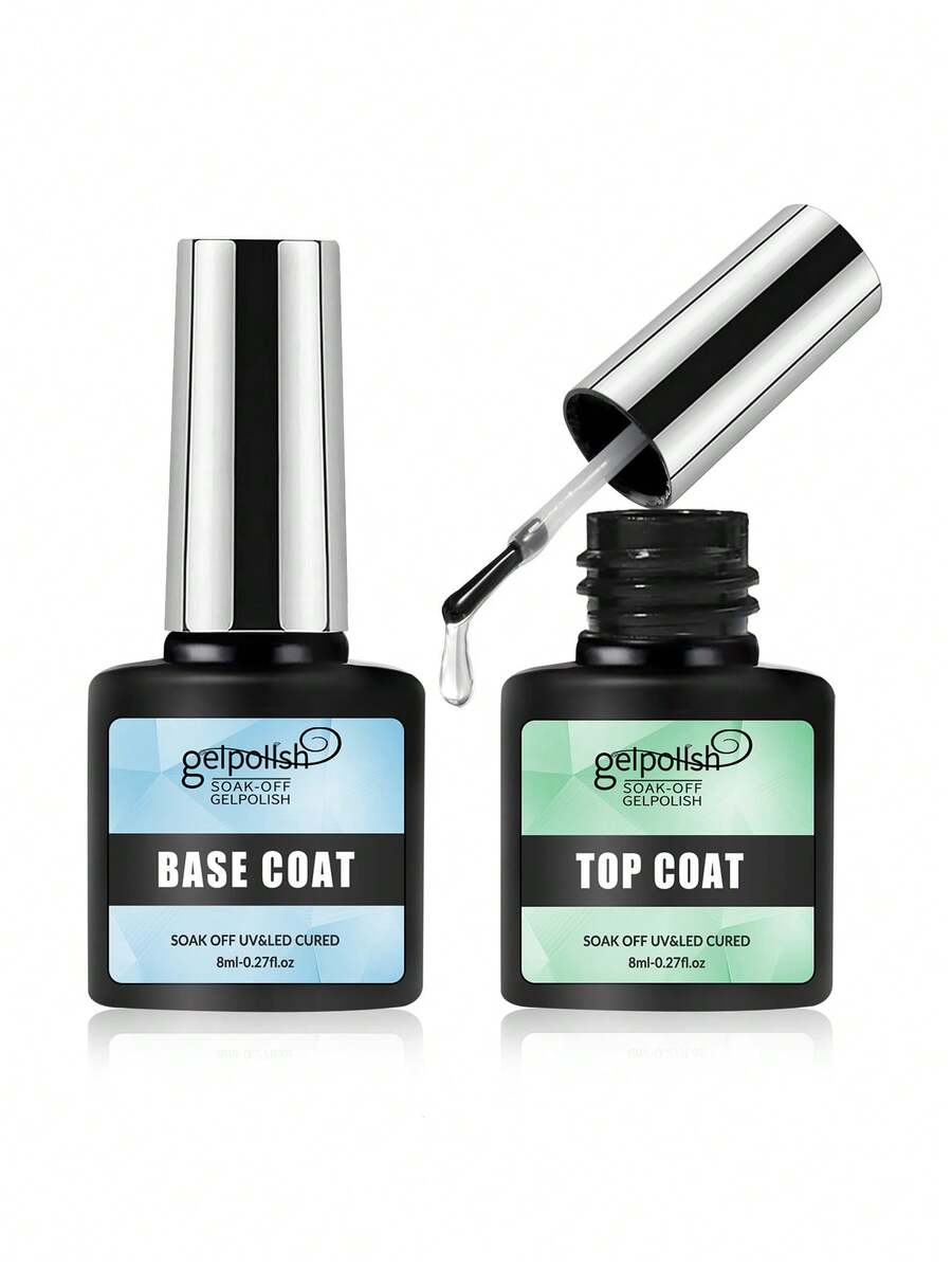 Glossy Gel Top And Base Coat Set, Long-Lasting Shine, LED Lamp Removable Gel Nail Polish, Suitable As Gift For Women - Clear - View 1