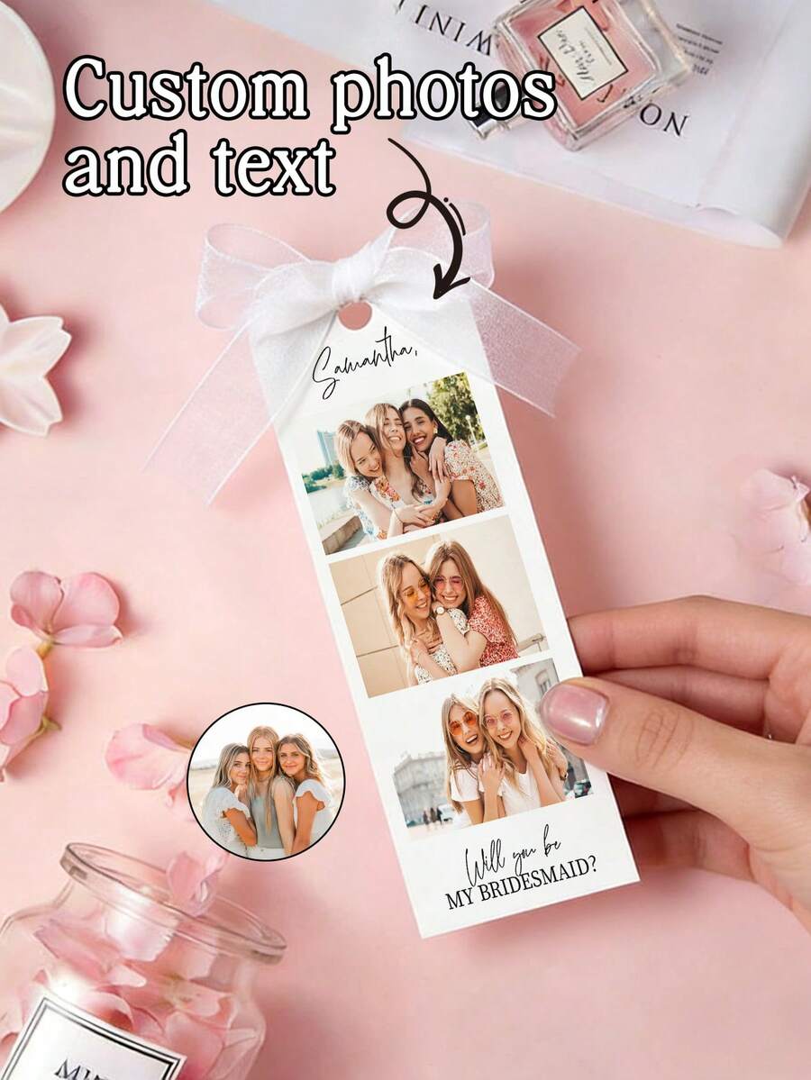 1/3pcs Personalised Photo Strip Bridesmaid Proposal Card,Customize Photo And Text,Photo Bridesmaid Proposal Card Template,Will You Be My Bridesmaid Card Proposal Photo Card Boho Rustic Modern Minimalist Wedding Calligraphy,Bridesmaid Proposal Photo Strip Card,Satin Ribbon Bow, Maid Of Honor - Multicolor - View 1