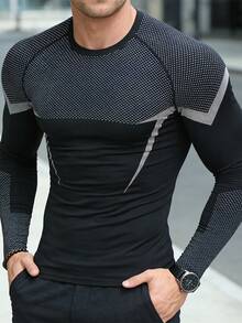 1pc Men's Compression Fitness Shirt - 3D Muscle Support Moisture Wicking Sports Top, Breathable High Elasticity Performance T-Shirt Suitable For Gym, Running And Casual Wear, Long Sleeve With Printed Design - Black - View 1