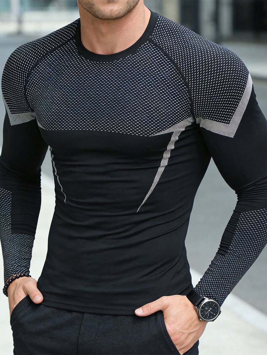 1pc Men's Compression Fitness Shirt - 3D Muscle Support Moisture Wicking Sports Top, Breathable High Elasticity Performance T-Shirt Suitable For Gym, Running And Casual Wear, Long Sleeve With Printed Design - Black - View 1