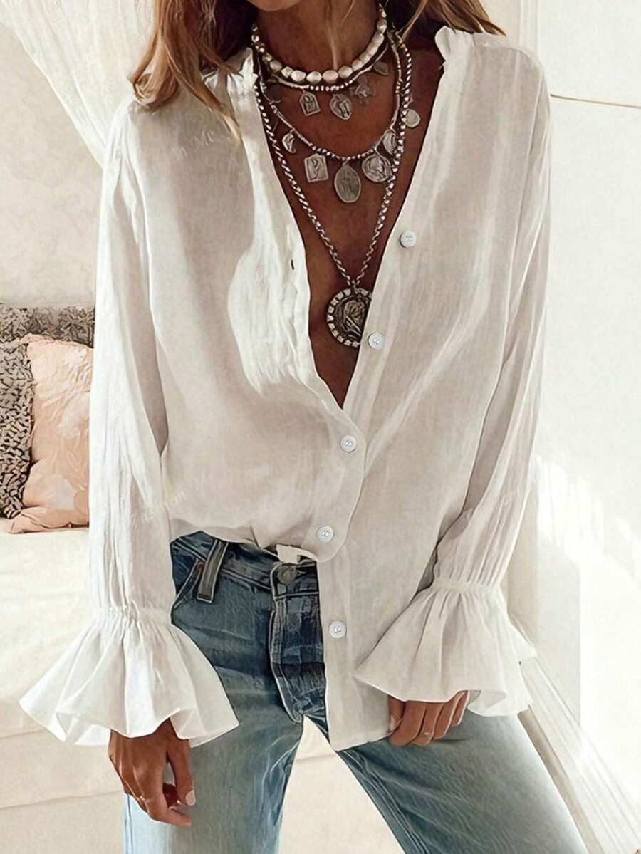 Áo sơ mi dài tay màu trắng thanh lịch dành cho nữ của QueenCloset, thoải mái và đa năng, phù hợp cho mặc hàng ngày, đi làm và đi nghỉ mát. - trắng - Xem 1