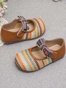 1 Pair Kids Hook And Loop Flat Shoes, 2026 New Spring Girls Knitted Soft Bottom Casual Performance Fashion Shoes, Girls Bowknot Fashionable Shoes - Brown - View 4